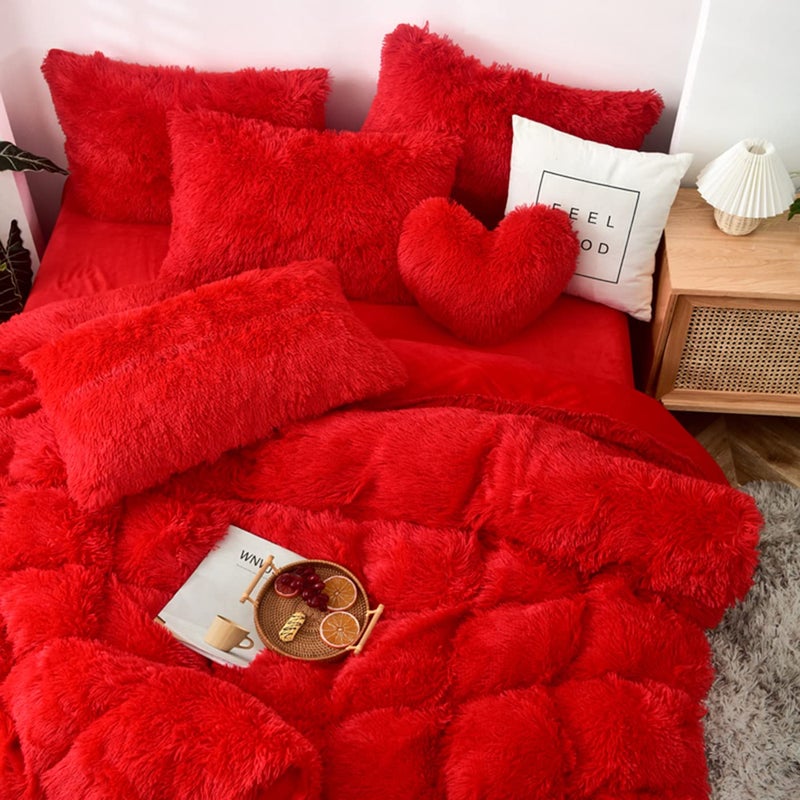 MorroMorn 5 PCS Shaggy Duvet Cover Bedding Set - Long Faux Fur Luxury Ultra Soft (Red, Full/Queen) - Image 2